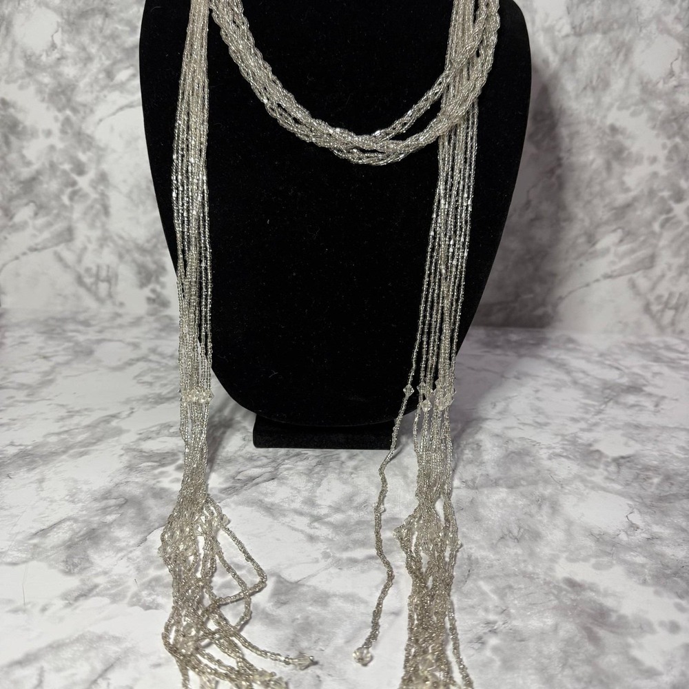 Vintage Long Silver Multi-Strand Lariat Necklace Waterfall Tassel Fringe‎